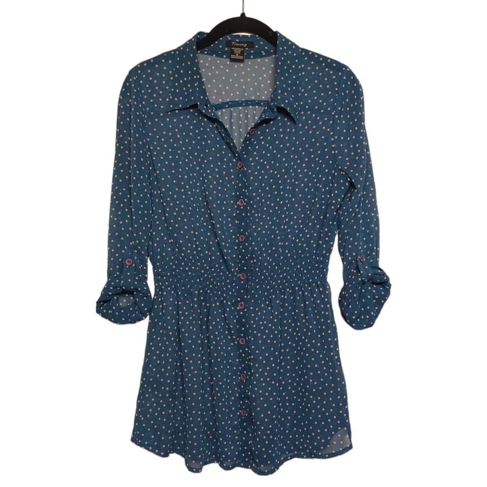 TIMING Pink Floral Polka Dot Print Blue Semi Sheer Button Front Top Medium